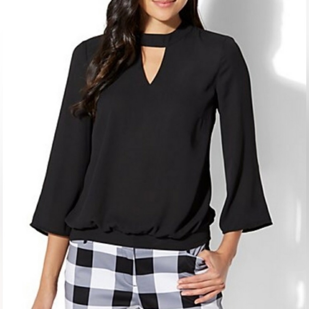 New York & Company Black Keyhole Flutter Sleeve Blouse